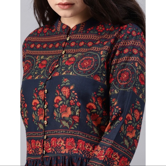 Navy Blue Floral Print Cotton Anarkali with High Slit! Size: L - Picture 2 of 6